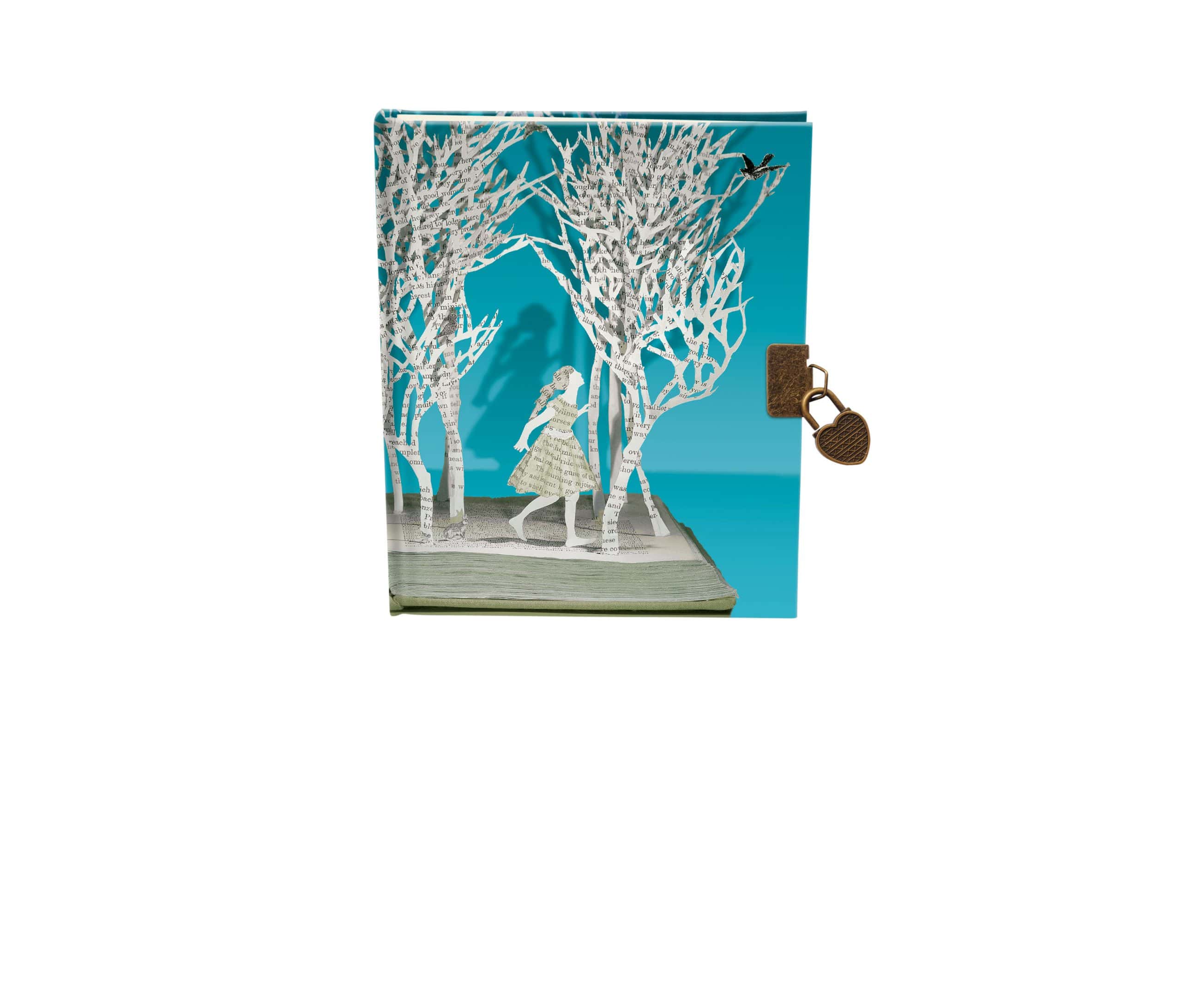 Colourful paper cut-out storybook with trees and a girl, handcrafted gift idea from The Wraperie, perfect for children’s reading and storytelling.