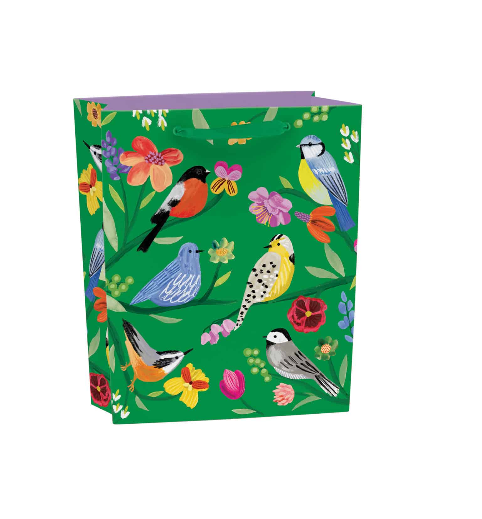 Vibrant gift bag featuring colorful bird and floral illustrations, perfect for occasions requiring attractive packaging.