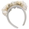 Deluxe bridal flower girl headband with pearl and crystal embellishments, featuring "An Unforgettable" script and floral accents, perfect for weddings and special occasions.