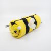 Soft plush bee-shaped zippered pencil case with heart-shaped wings, kawaii face, and fuzzy texture, perfect for school supplies or cute gift accessories.