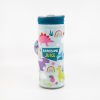 Colorful children’s juice bottle with dinosaur, rainbow, and cloud illustrations, featuring a teal zipper lid, promoting fun and healthy beverages for kids.