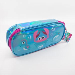 Bright blue holographic pencil case featuring fun crab, seahorse, and dolphin designs, perfect for kids' school supplies and travel essentials. Vibrant and waterproof.