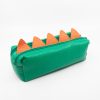 Colorful dinosaur-themed pencil case with green textured exterior and orange spikes, perfect for kids' school supplies, stationery storage, and playful accessories.