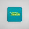 I am definitely not forgetful coaster with bright yellow text on a teal background for The Wraperie.