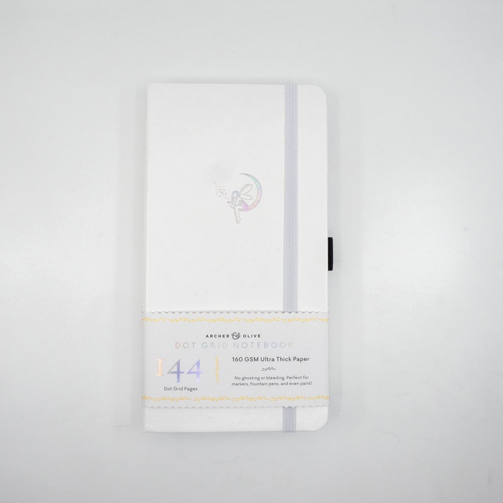 Aesthetic white Archer & Olive dot grid notebook featuring unicorn and moon design, ideal for bullet journaling, note-taking, and creative planning. Perfect for artists, students, and journaling enthusiasts.