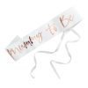 Elegant white "Mummy to Be" sash with rose gold lettering, perfect for baby showers and gender reveal celebrations.