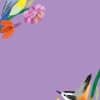 Vibrant illustrated birds and colorful flowers on a lavender background, representing The Wraperie’s creative and fresh approach to wraps and healthy food options.