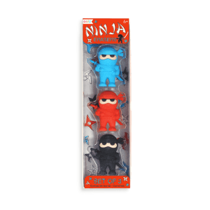 Colorful ninja eraser set featuring blue, red, and black ninja characters, perfect for kids and students. Vibrant design with fun, collectible stationery accessories for creative and school use.