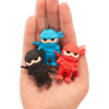 Blue ninja plush toy in hand with other ninja characters for fun and cosplay.