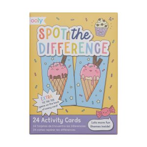 Colorful activity card game titled "Spot the Difference" featuring ice cream cones, designed for kids 4+ to enhance focus and observation skills with fun themes and extra tic-tac-toe game.