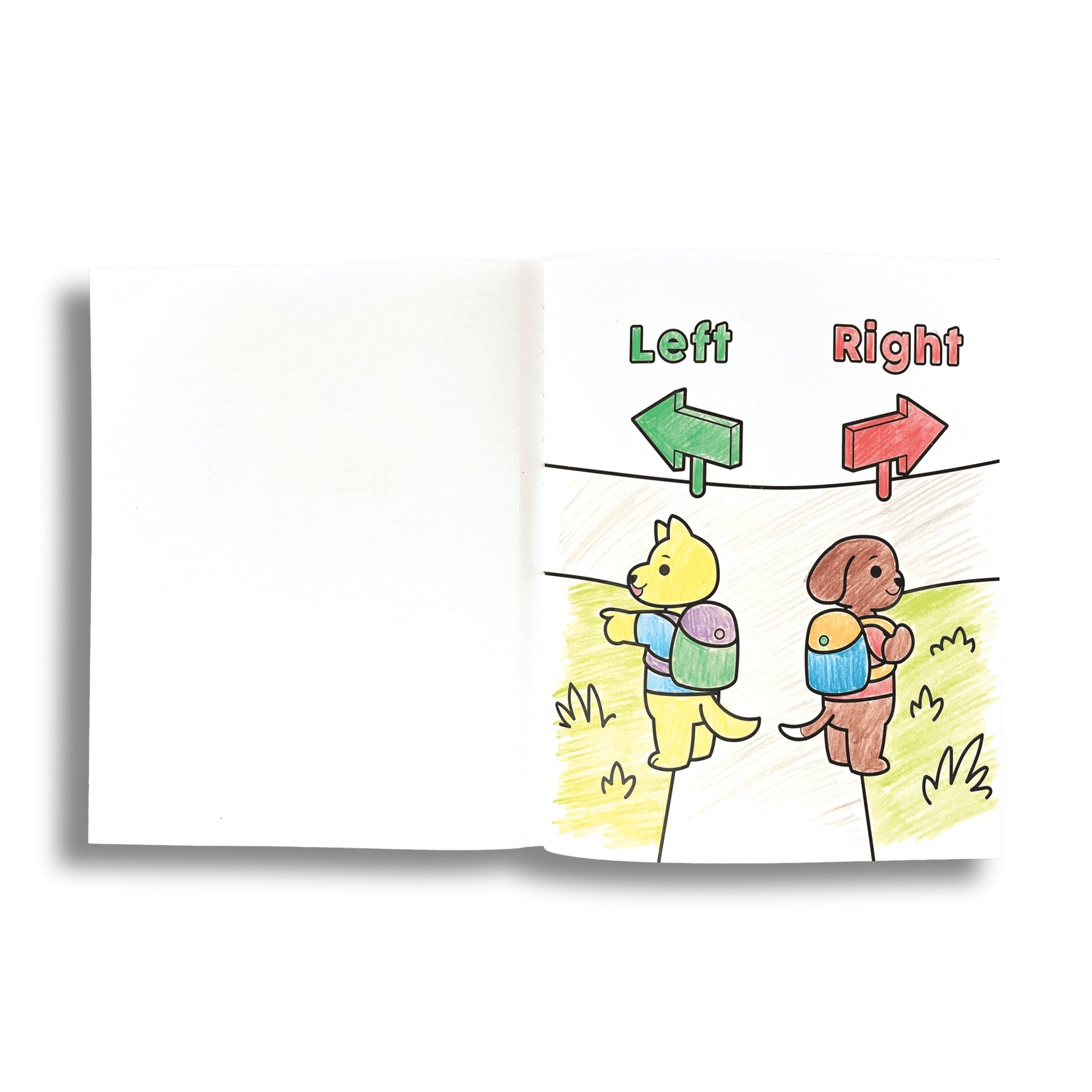 Yellow dog pointing left in a children's book illustrating directions with a green arrow labeled "Left" and a red arrow labeled "Right".