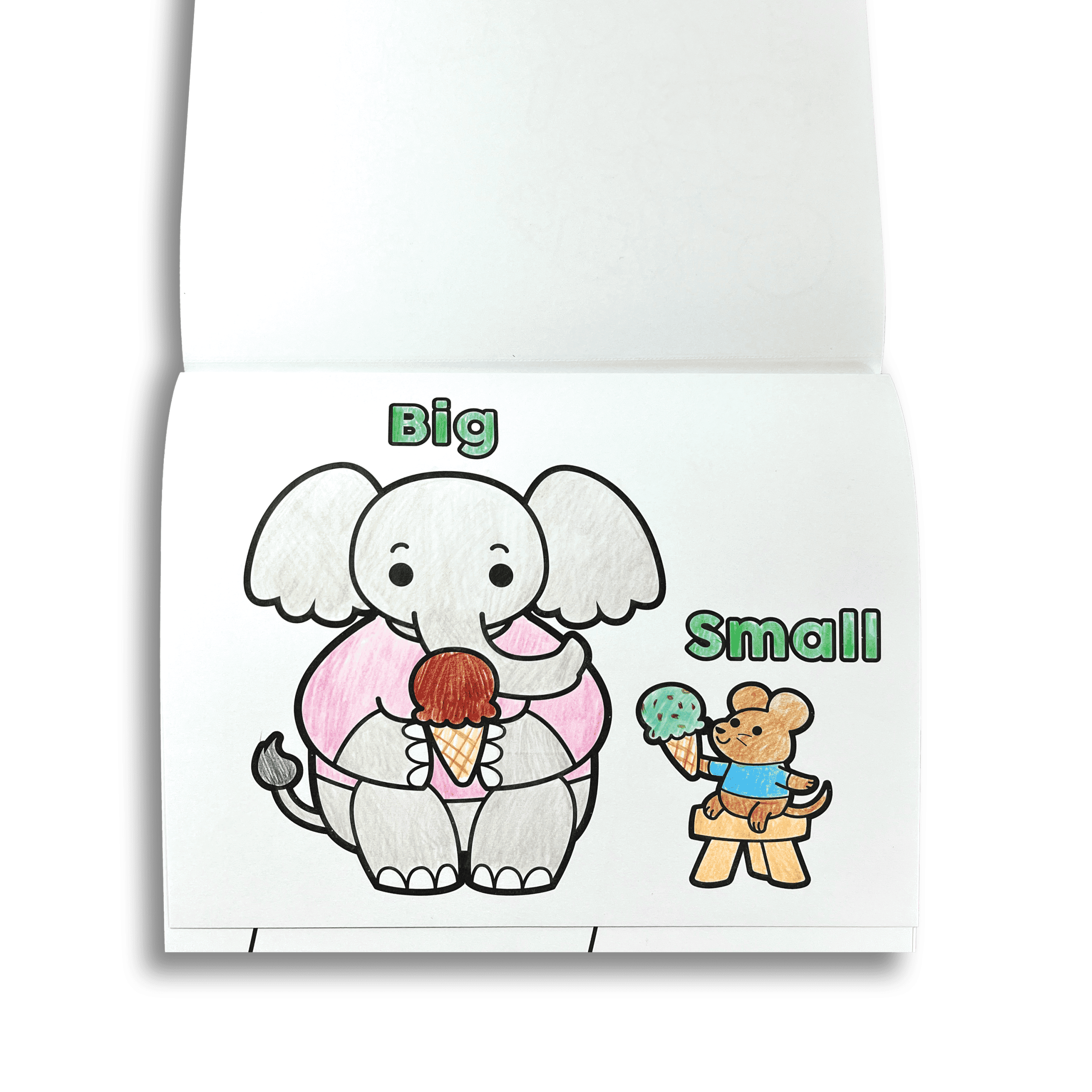 Big elephant and small bear coloring page with ice cream, fun zoo animal illustrations for kids' activity sheets, educational art craft for children.