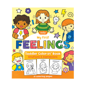 Colorful children's activity book cover focused on feelings, emotions, and expressions for toddlers, encouraging emotional development through coloring pages and engaging illustrations.