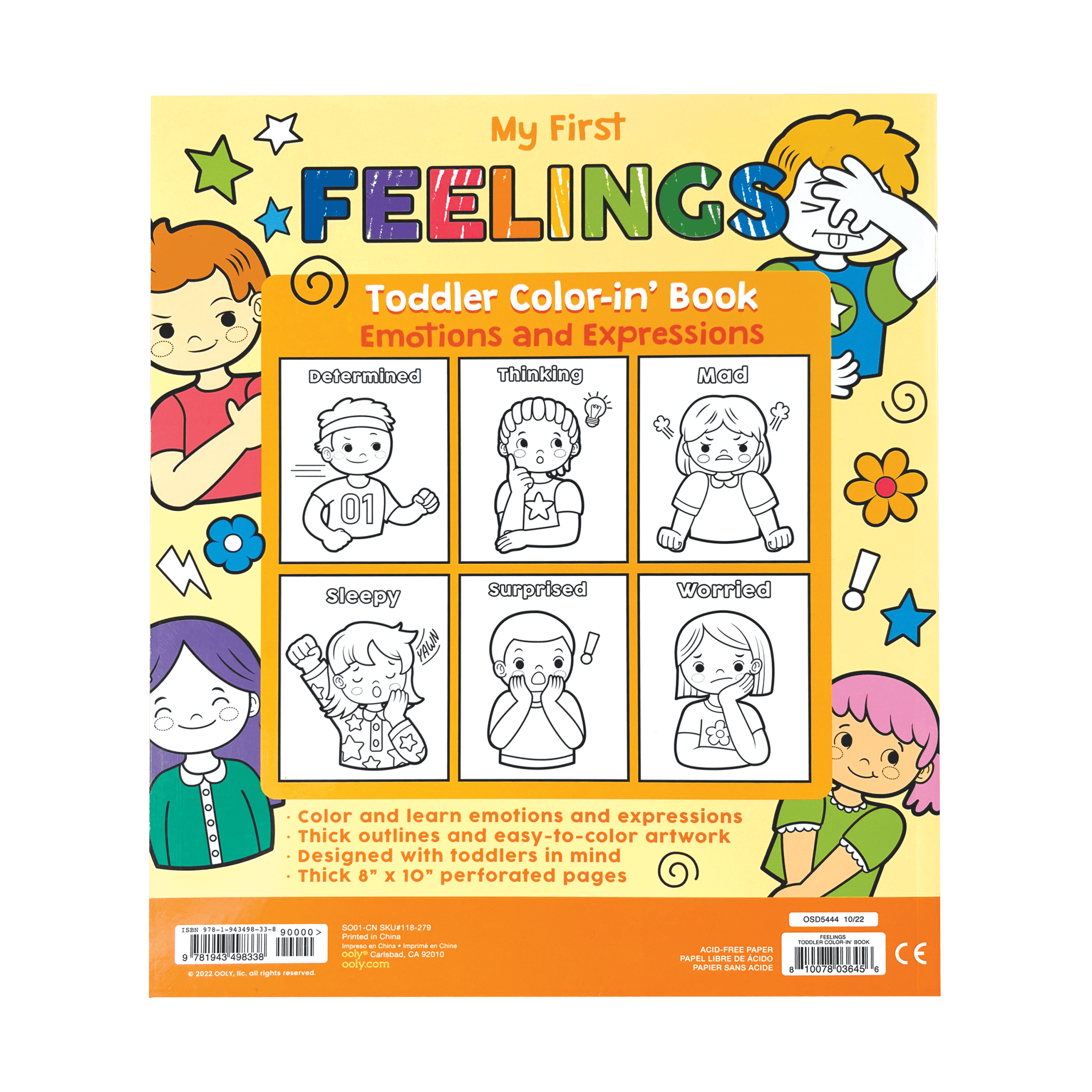 Coloring book page with toddler-friendly illustrations of various emotions and expressions, designed for learning feelings through coloring.