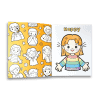 Colorful children's activity book with black-and-white illustrations and a cheerful, rainbow-striped girl on the right page. Perfect for kids’ coloring, creativity, and learning.