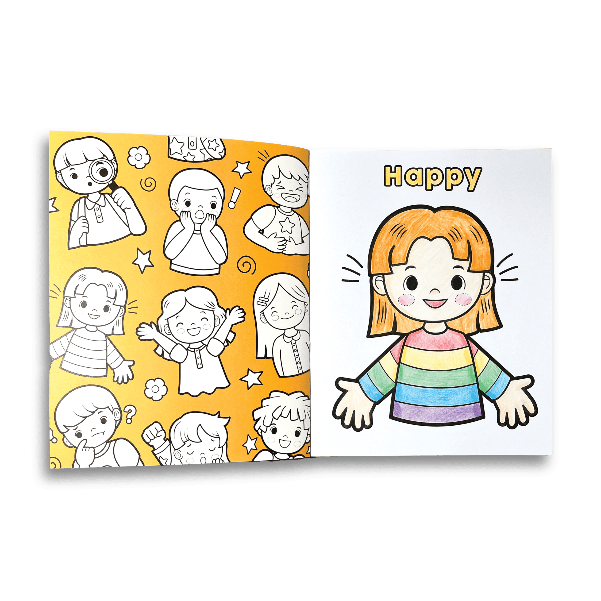 Colorful children's activity book with black-and-white illustrations and a cheerful, rainbow-striped girl on the right page. Perfect for kids’ coloring, creativity, and learning.