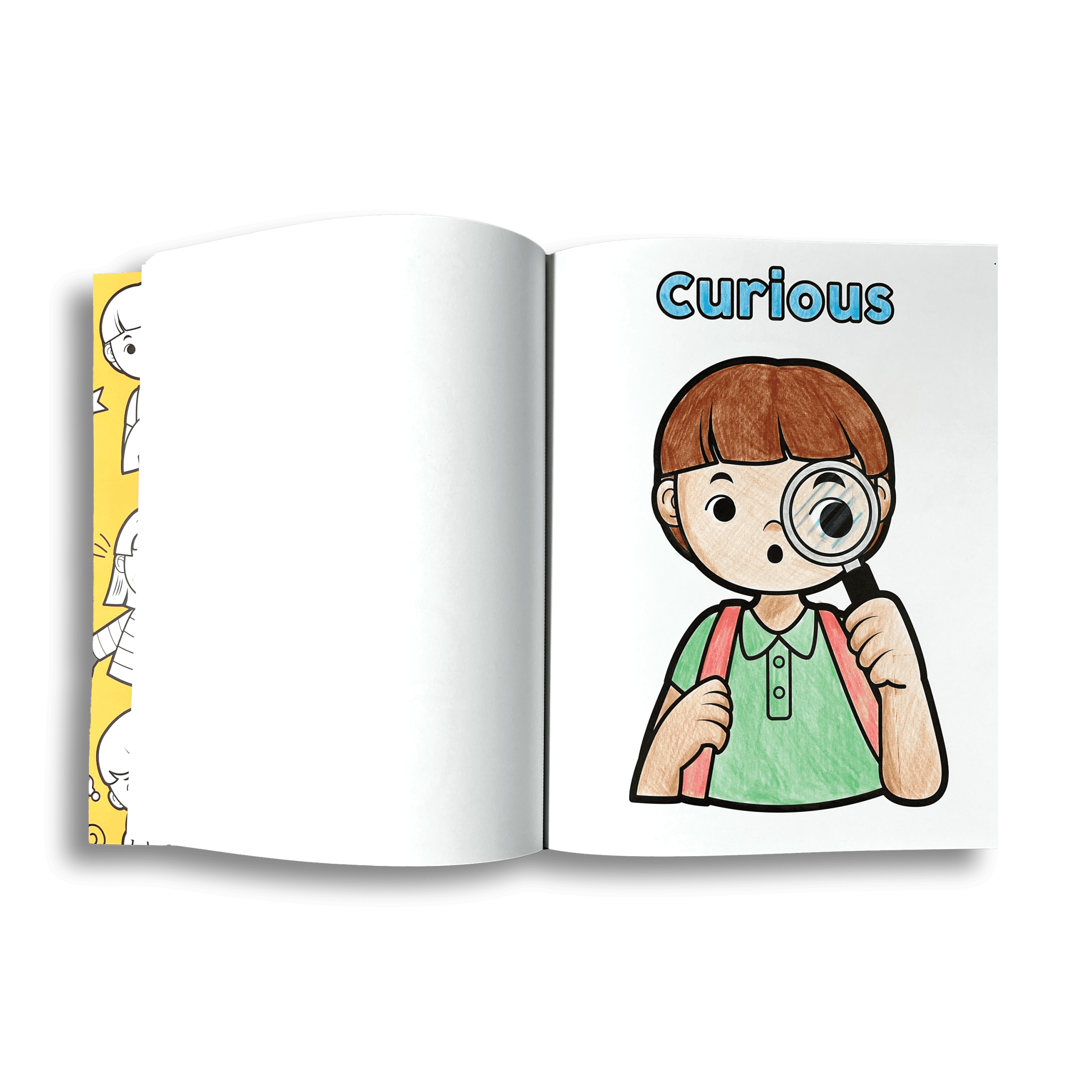 Curious cartoon child holding a magnifying glass, representing curiosity and exploration in children's educational books.
