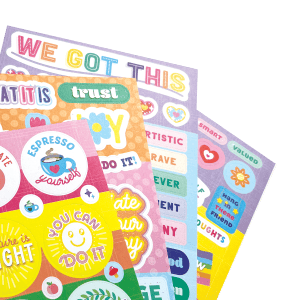 Colorful motivational sticker sheets featuring positive affirmations, inspiring quotes, and cheerful designs, perfect for personalizing and decorating your space or accessories.