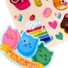 Cute colorful cat-themed stickers featuring smiling cats, hearts, cupcakes, and sweets, perfect for decorating notebooks, laptops, or gift wraps, adding a playful and adorable touch.