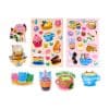 Colorful cat-themed sticker assortment featuring latte cups, cupcakes, and playful kitten illustrations, perfect for decorating notebooks, phone cases, or crafting projects.