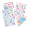 Colorful unicorn narwhal donut-themed sticker sheets with cute, whimsical designs perfect for decorating and gifting, featuring positive messages and vibrant pastel colors.