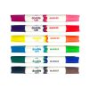 Bright colored double-sided markers with white bodies and colorful caps, featuring the 