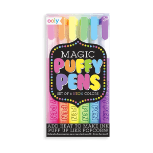 Bright neon-colored puff pens set ideal for creative art projects and DIY crafts, perfect for kids ages 3 and up to add heat-activated ink effects and vibrant designs.