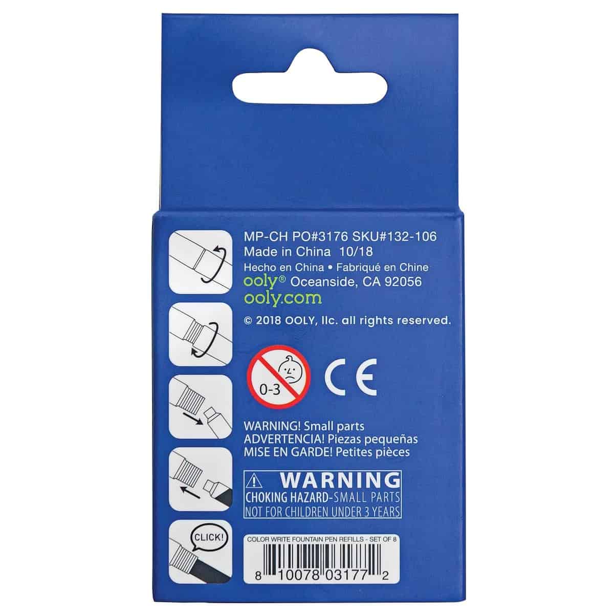 Disposable pen refills for fountain pens, bulk set of 8, white ink, smooth writing, compatible with Ooly® fountain pens, safe for ages 3 and up, with clear instructions and warning labels.