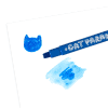 Vibrant blue fabric marker used for creating playful designs on paper, featuring a cute cat face illustration on the pen and a watercolor-style background. Perfect for arts and crafts, creative projects, and kids' activities.