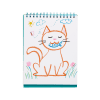Colorful crayon drawing of a happy cat with a fish in its mouth, surrounded by flowers, grass, clouds, and a bright sun on a sketchpad. Perfect for kids’ art, drawing, and creative activities.