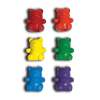 Colorful gummy bear candies in red, yellow, green, blue, and purple, perfect for kids’ treats or party favors, showcasing a variety of vibrant, playful candy designs.