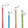 Pink polka dot paper straws with curly white paper accents for party beverages, featuring colorful designs and festive decorations. Perfect for special occasions and celebrations.