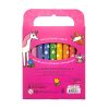 Bright pink unicorn-themed crayon box featuring 9 jumbo colorful crayons and 48 unicorn & friends coloring pages, perfect for kids' creative play and artistic development.