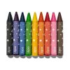 Brightly colored crayons in a rainbow sequence with star patterns for creative art projects at The Wraperie.