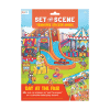 Colorful amusement park scene with funfair rides, animals, and sticker set for 