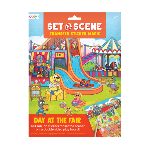 Colorful amusement park scene with funfair rides, animals, and sticker set for "Set the Scene" transfer sticker magic, perfect for kids' creative play and decorating activities.