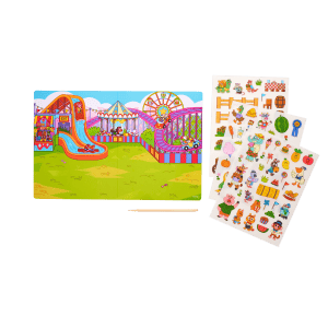 Colorful amusement park puzzle with stickers, featuring roller coasters, rides, and carnival elements, perfect for kids' entertainment and developmental play.