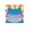 Bright rhinestone art of a cute blue cat face with pink cheeks on a yellow background, perfect for kids' accessories and fun decor.
