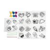 Colorful embroidery floss and adorable black-and-white sticker designs featuring cute animals, playful cakes, and cheerful characters for kids' craft projects.