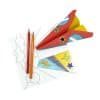 Colorful paper airplane craft made from decorated paper with markers and coloring pages for kids' creative play and art activities.