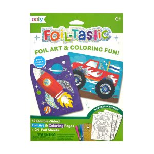 Colorful space-themed foil art and coloring pages for kids, featuring rocket and spaceship designs with holographic foil sheets for engaging creative fun.