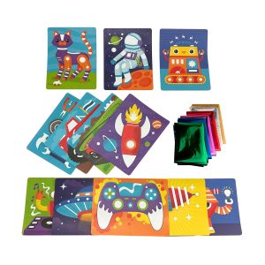 Colorful space-themed children’s play cards with illustrations of animals, astronauts, robots, rockets, and gaming controllers, designed for creative and educational fun.