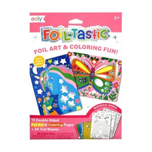 Foil-Tastic Kids' Foil Art & Coloring Set with unicorn and butterfly designs, 12 double-sided pages, 24 foil sheets, and fun coloring activities for children ages 6+.