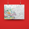 Colorful illustrated mural of Dubai landmarks with partially colored and incomplete designs at The Wraperie, showcasing vibrant city scenes and creative wall art.