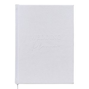 Elegant wedding planner notebook with embossed text, perfect for organizing wedding details and tasks. Stylish and practical, ideal for brides and wedding planners.