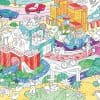 Colorful amusement park illustration with rides, attractions, and visitors, showcasing fun activities and vibrant scenery, perfect for promoting family-friendly entertainment at The Wraperie.