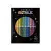 Bright metallic double-ended colored pencils in a black box with colorful star accents, perfect for art projects and creative designs.