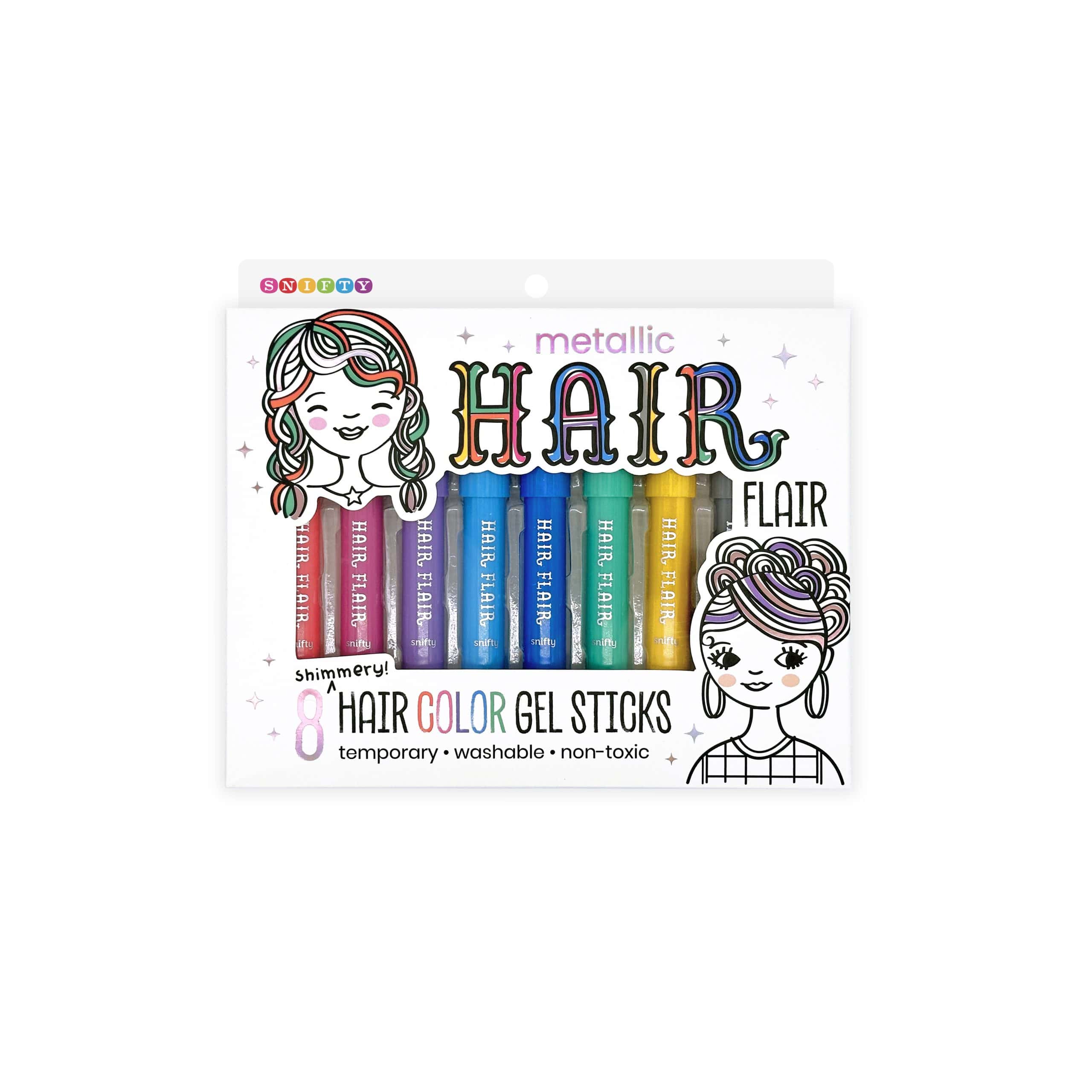 Brightly colored metallic hair gel sticks in pink, purple, blue, green, yellow, and silver, perfect for creative, temporary hair styling.