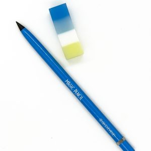 Blue magic pen with multicolored eraser on white background for creative wraps and food customization at The Wraperie.