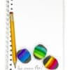 White spiral notebook with rainbow striped erasers and a yellow pencil, colorful stationery, office or school supplies, The Wraperie branding, vibrant, creative workspace, pride-themed stationery, LGBTQ+ symbols, stationery art.